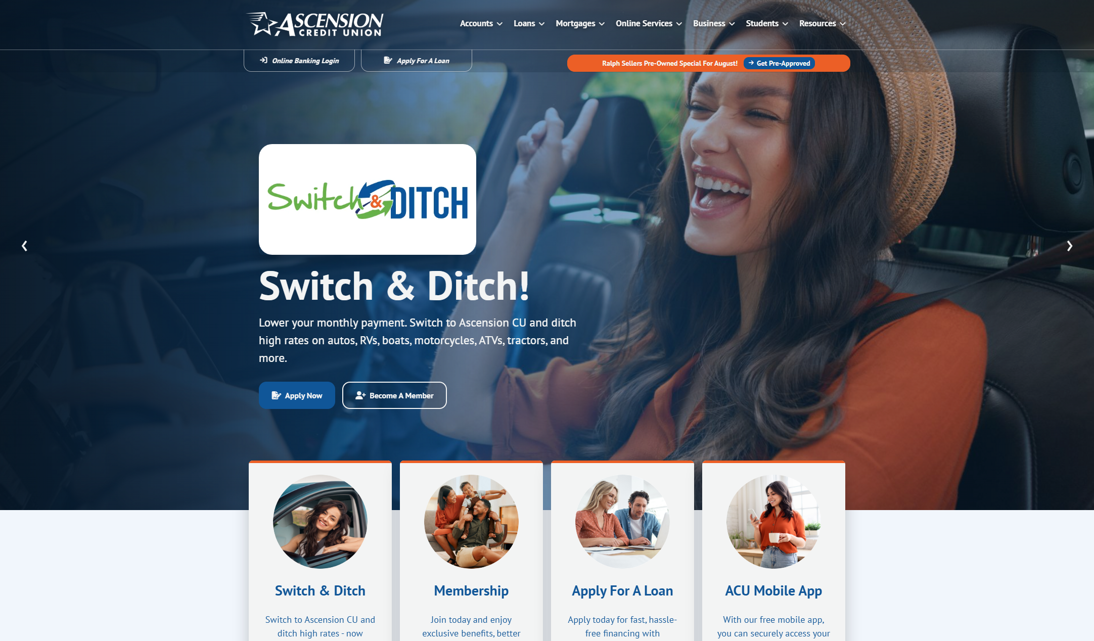 Ascension Credit Union website desktop homepage design