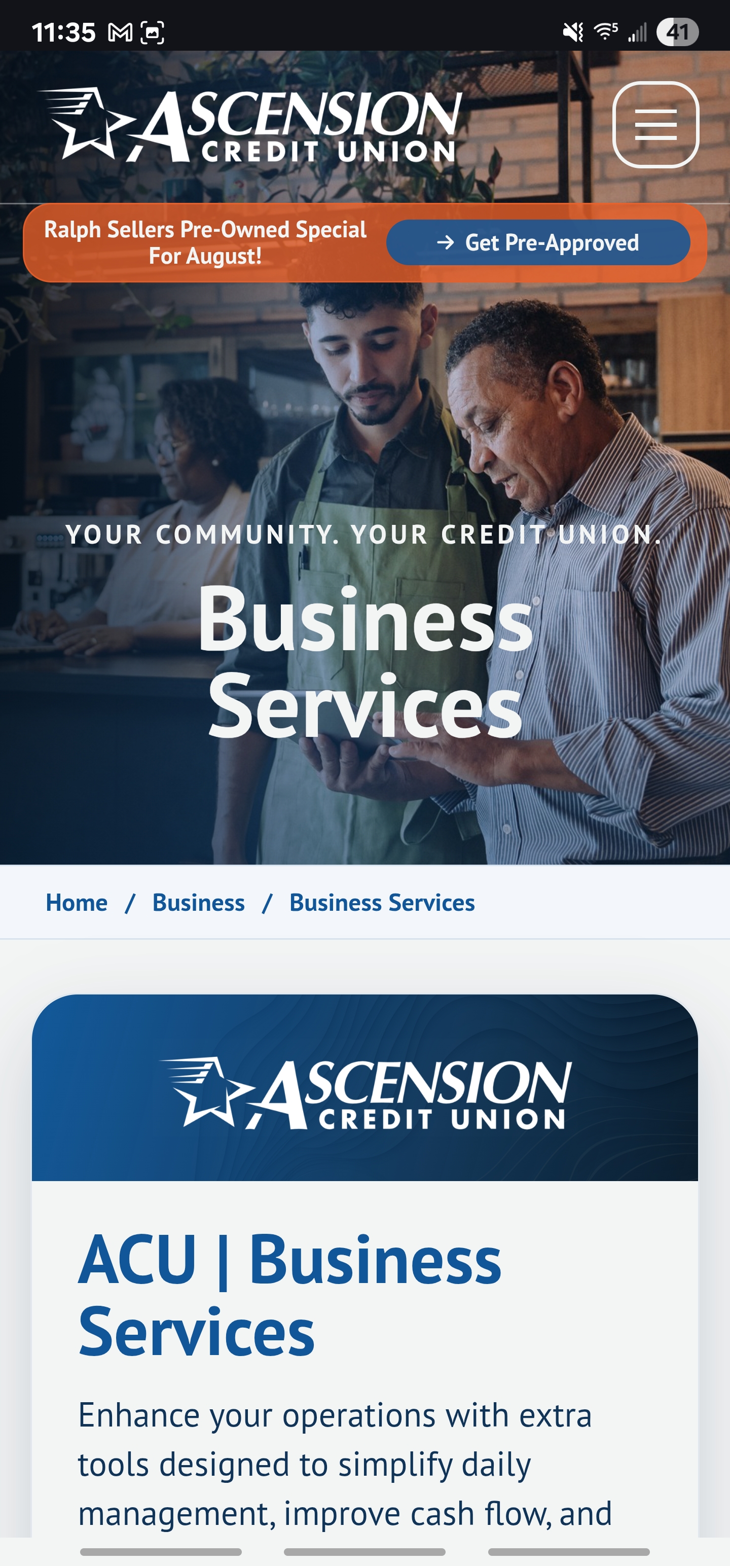 Ascension Credit Union website mobile business services page design