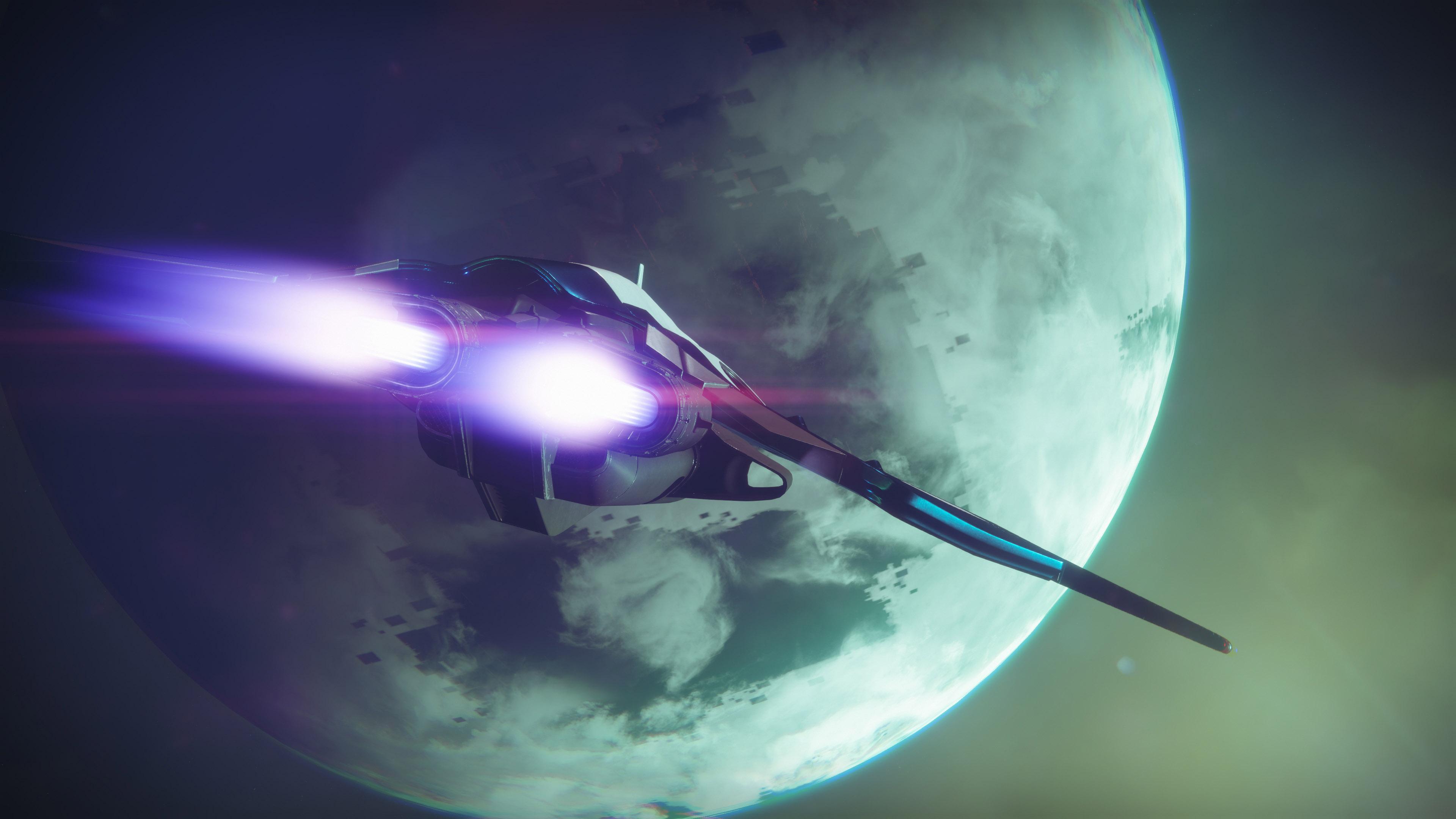 Destiny 2 ship flying past a planet