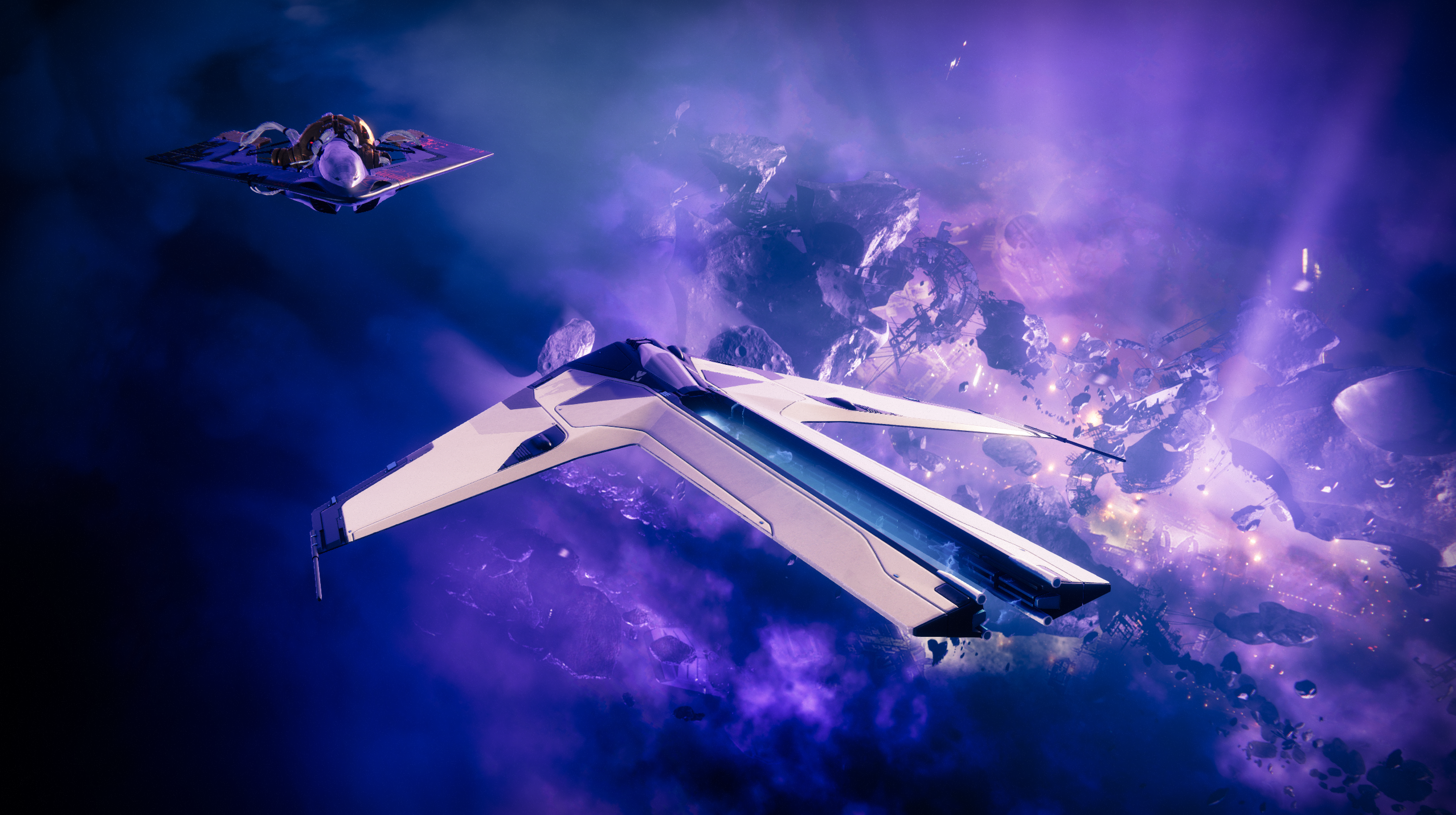 Destiny 2 ships flying through purple orbit
