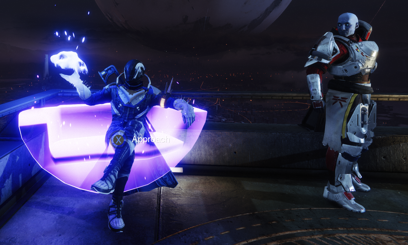 Destiny 2 Guardian sitting in a glowing violet chair beside a Titan