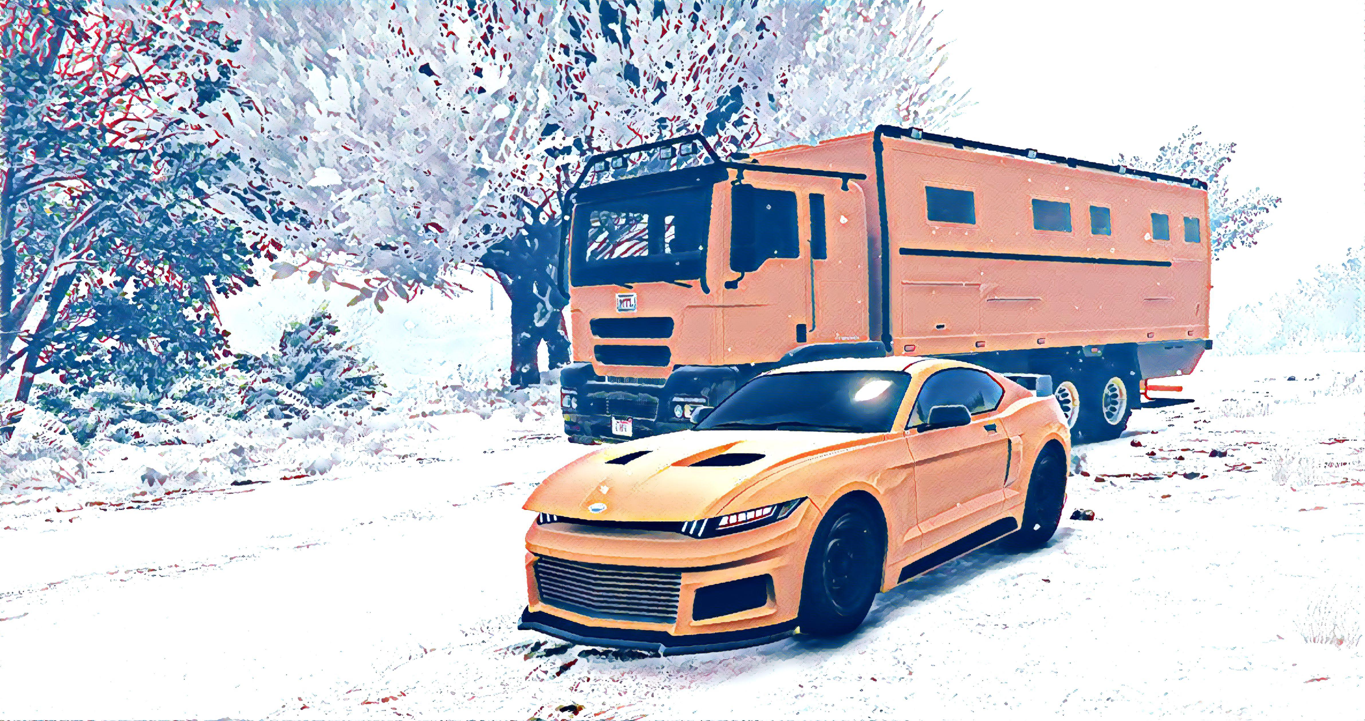 Stylized GTA V sports car and expedition truck in the snow