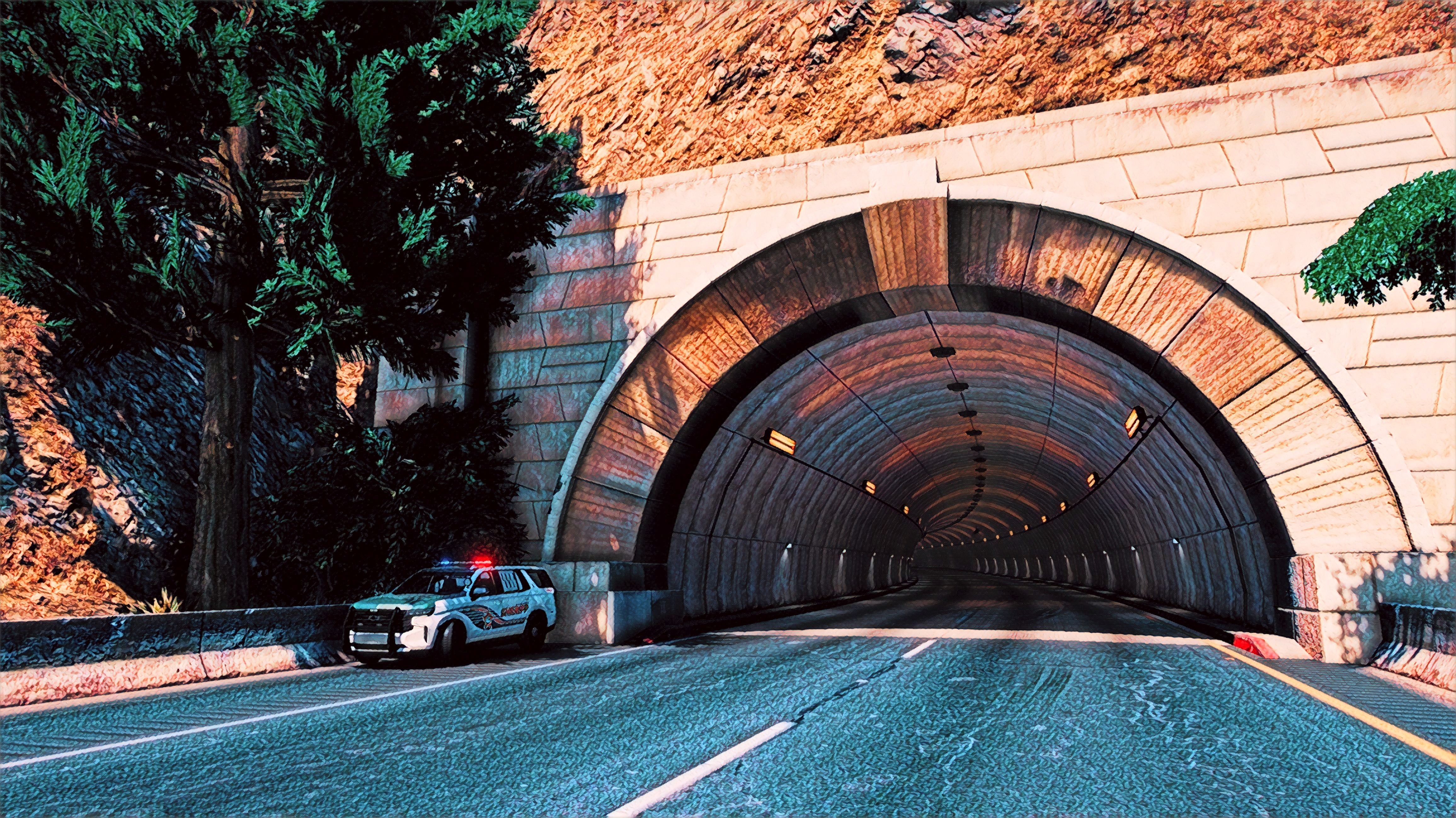 Stylized GTA V sheriff patrol vehicle beside a tunnel