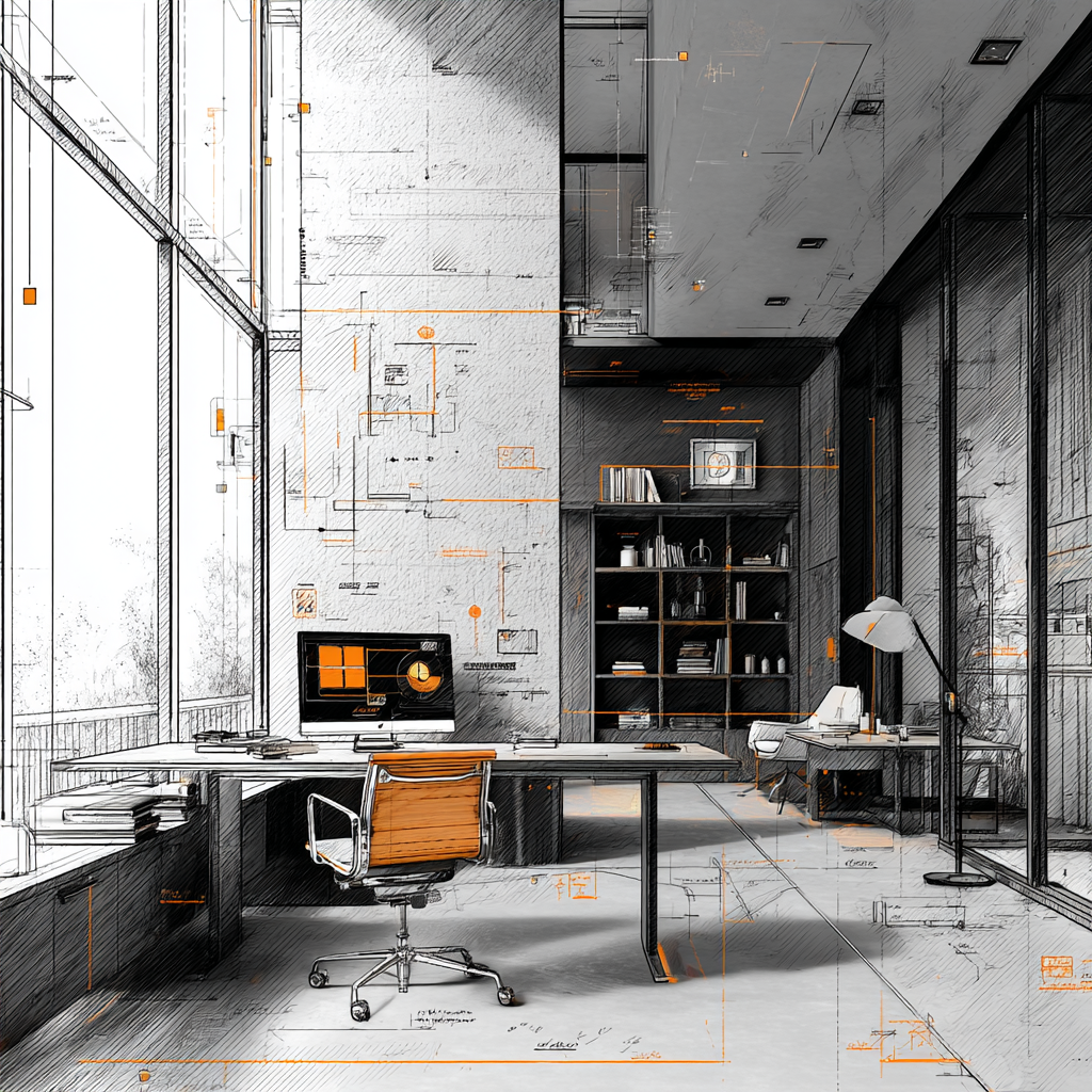 Modern IT workspace line drawing with orange accents