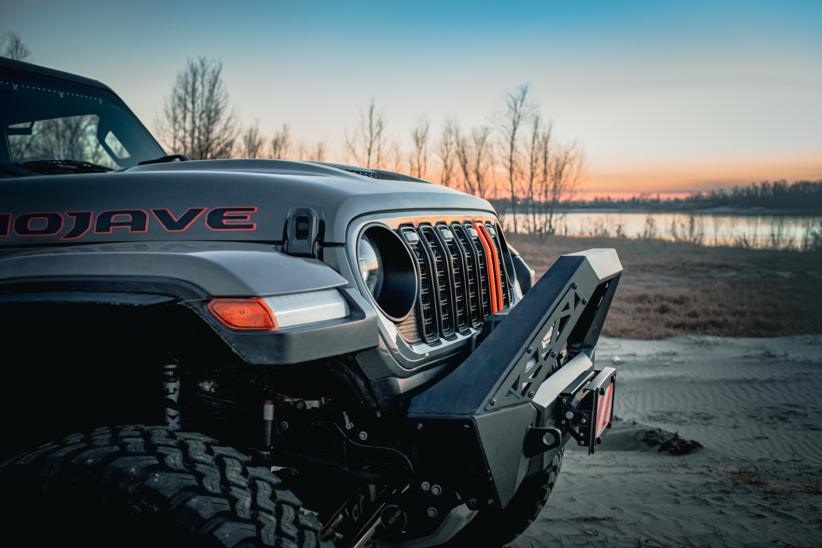 Jeep Gladiator Mojave front bumper detail at sunset